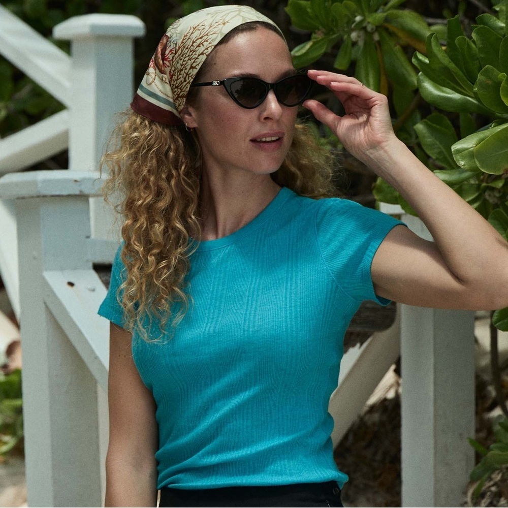 NWT Doen Vivi Cashmere Cotton Crewneck T Shirt Top Mediterranean Sea Blue Aqua